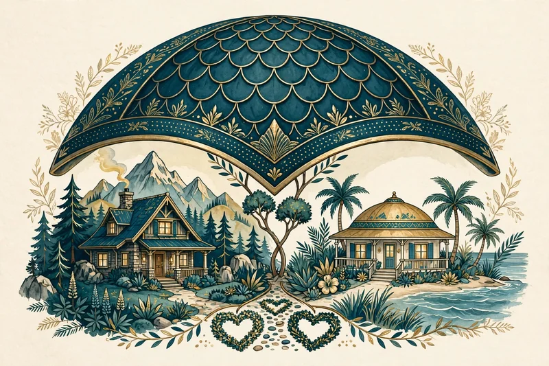 Two houses in different states, a mountain home and a coastal home, sheltered under a single large protective shield