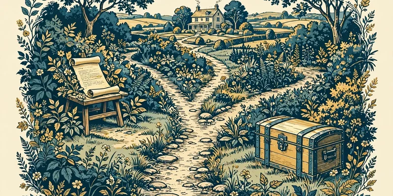 A fork in a garden path, one branch leading to a will document and the other to a strongbox, with a family house in the distance