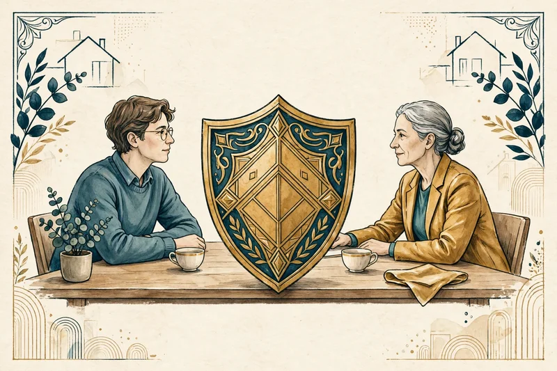 A home buyer and a home seller seated on opposite sides of a closing table, with a shield between them