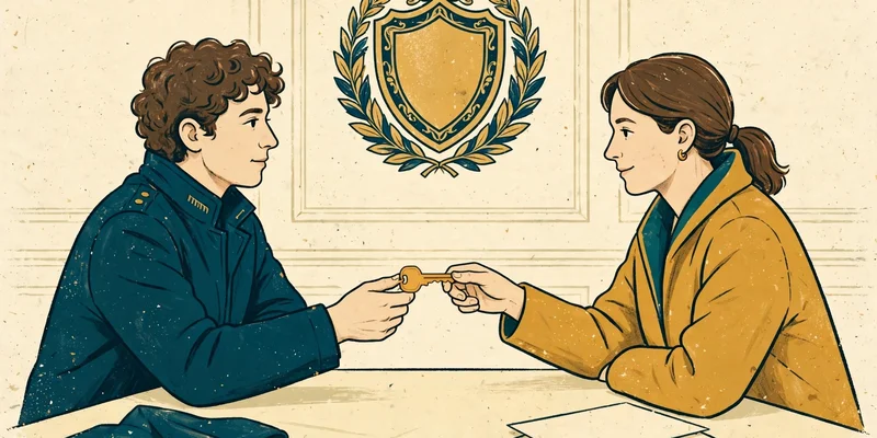A house key being handed over a closing table, with a shield motif