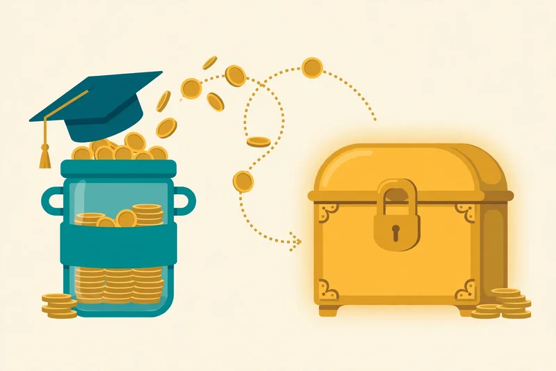 Gold coins flowing from a teal savings jar into a gold retirement vault along a dotted arrow path.