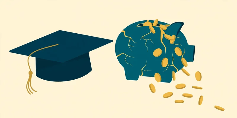 Teal graduation cap beside a cracked teal piggy bank leaking gold coins on a cream background.