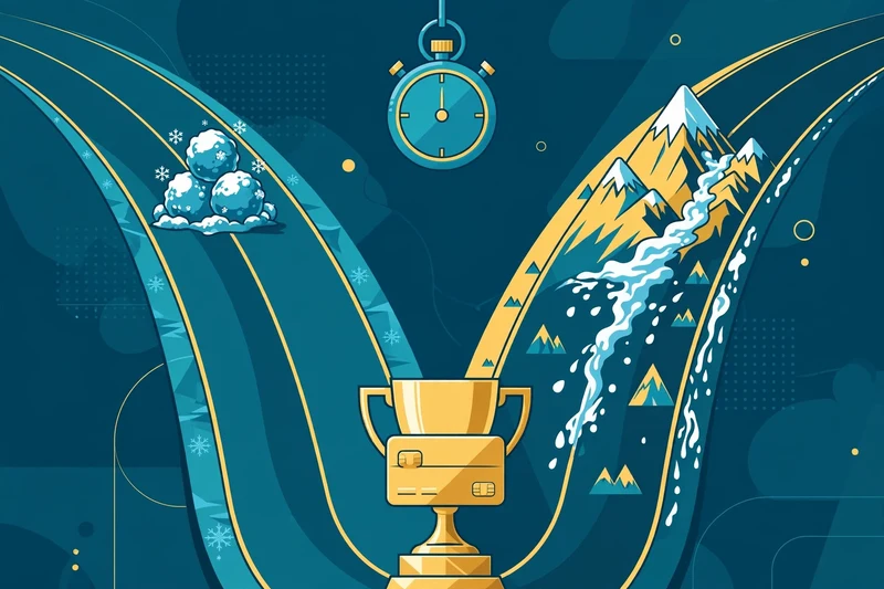 Flat fintech illustration in deep teal and gold: two racing lanes, one with a snowball motif and one with an avalanche motif, converging on a golden trophy shaped like a zero-balance credit card beneath a teal stopwatch.