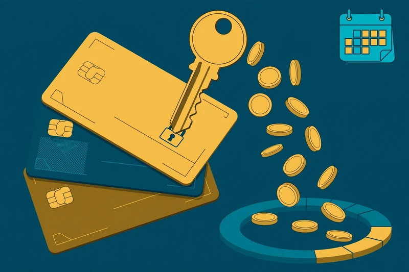 Flat fintech illustration in deep teal and gold: a stack of credit cards with a brass key unlocking them, gold coins cascading into a teal payoff progress ring beside a small calendar.