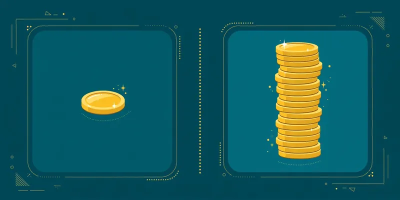 Flat fintech illustration in deep teal and gold: two comparison panels, a single small gold coin on the left next to a much taller tower of gold coins on the right, symbolising a small recast fee versus tall refinance closing costs.