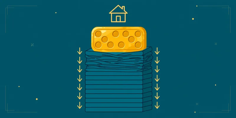 Flat fintech illustration in deep teal and gold: a small house with a large golden lump-sum coin block pressing down and compressing a stack of teal monthly payment bars beneath it.